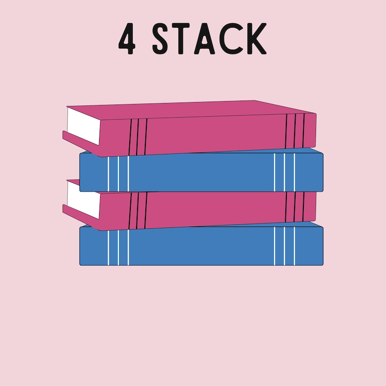 May include: A stack of four books, two pink and two blue, with white stripes on the blue books. The text "4 STACK" is above the books.