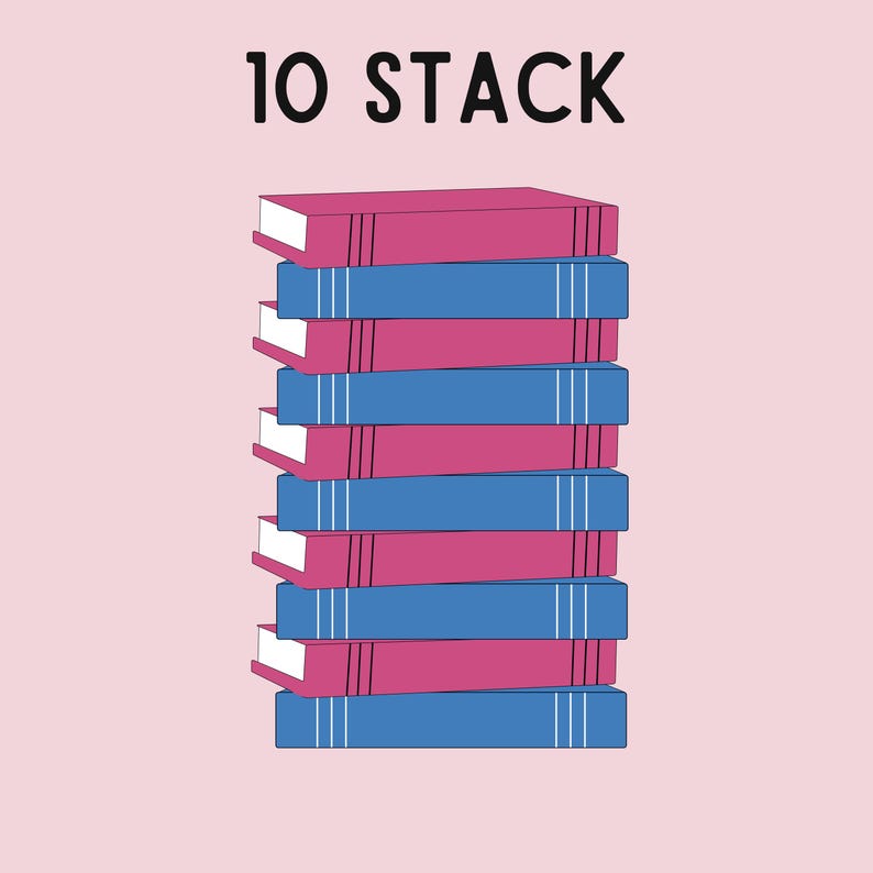 May include: A stack of ten books, alternating between pink and blue, with the text "10 STACK" above the stack.
