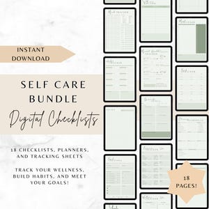 May include: A digital self-care bundle with 18 checklists, planners, and tracking sheets. The image features a collection of digital pages with text like "Mood Tracker" and "Gratitude Journal". The bundle is designed to help track wellness and build habits.
