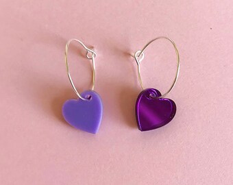 Mini mismatched heart earrings on silver hoops