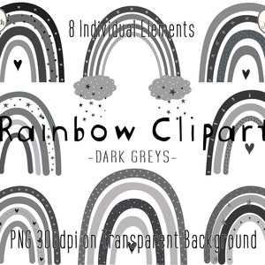 Grijze Regenboog Clipart | Neutraal Grijs Monochroom | Boho Regenbogen | Boho Scandi Kwekerij Clipart | Kinderen Cute Clipart | PNG-bestanden