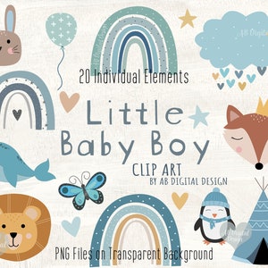 Baby Boy Clipart / Blue Green Boho Rainbows, Animals, Clouds, Hearts & Stars / Cute Baby Shower Graphics / Nursery Clipart / PNG Files