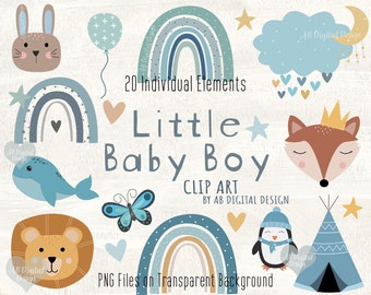 Baby Boy Clipart | Blue Green Boho Rainbows, Animals, Clouds, Hearts & Stars | Cute Baby Shower Graphics | Nursery Clipart |  PNG Files