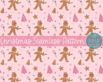 Pink Christmas Digital Paper | Cute Gingerbread Girl Seamless Pattern | Christmas Printable Paper | JPEG Files