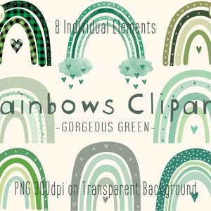 Clipart de arco-íris verde | Arco-íris Boho | Clipart de berçário de bebê | Irlandês de São Patrício | Clipart verde | Arquivo Digital PNG