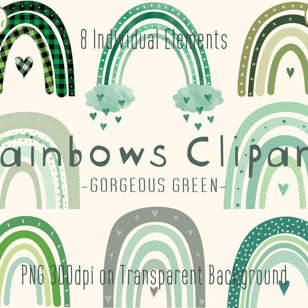 Green Rainbow Clipart | Boho Rainbows | Baby Nursery Clipart | St Patrick's Irish | Green Clipart | PNG Digital File