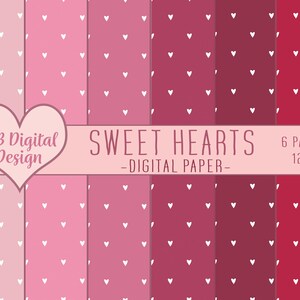 Puede incluir: Seis diseños de papel digital con corazones blancos sobre un fondo degradado rosa y rojo. Los papeles miden 30,5 cm por 30,5 cm y están etiquetados como "Sweet Hearts - Digital Paper - AB Digital Design".