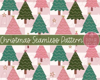 Pink & Green Christmas Digital Paper | Seamless Pattern | Cute Christmas Trees Background | JPEG File