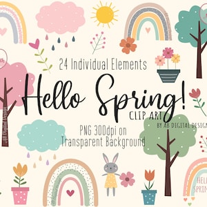 Mignon clipart printanier | Fleurs Arc-en-ciel Arbres | Plantes en pot de jardin | Jolie | de crèche pastel Fête des mères | Spring Baby Shower |PNG Files