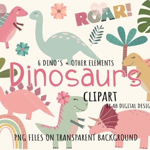 Dinosaur Girls Clipart | Kids Cute Dinosaur Clipart | Dino Baby Shower Graphics | PNG Files