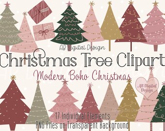 Modern Christmas Tree Clipart Bundle | Cute Pink Boho Christmas Tree Clip Art Illustrations | PNG Files