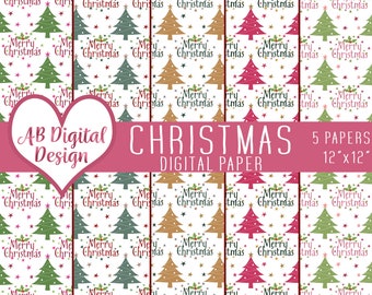 Merry Christmas Digital Paper Backgrounds | Cute Christmas Digital Paper | Christmas Trees | JPEG Files
