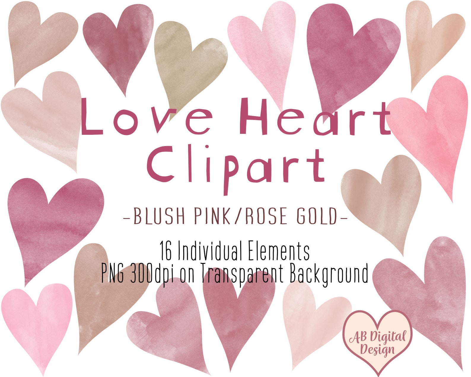 Blush Pink Rose Gold Hearts Clipart | Watercolor Love Hearts | Boho Heart Clipart | Valentines ...