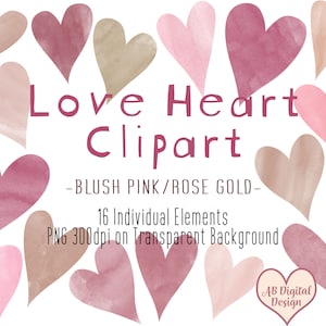 Blush Roze Rose Gouden Hartjes Clipart | Aquarel Love Hearts | Boho Heart Clipart | Valentines Cute Hearts Clipart | PNG Digitaal bestand