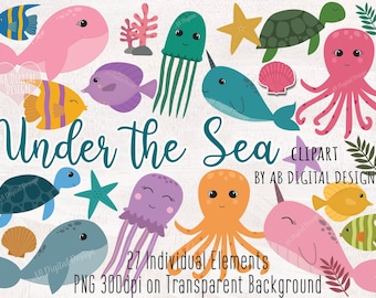 Sea Creatures Clipart for Kids | Cute Ocean Animals, Whales, Octopus, Jellyfish, Narwhals, Turtles & Fish Illustrations | PNG Files only