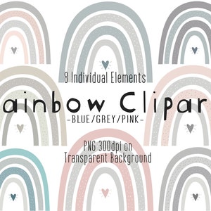 Gedämpfte Regenbogen ClipArt | Grau/Blau/Rosa Scandi Regenbogen | Boho Regenbogen | Kinder Clipart | Scandi Kinderzimmer Clipart | PNG Dateien