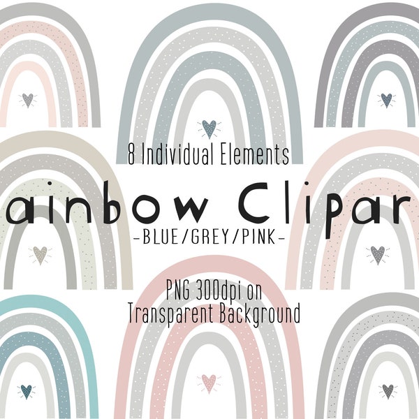 Muted Rainbow ClipArt | Grey/Blue/Pink Scandi Rainbows | Boho Rainbows | Children's Cute Clipart | Scandi Nursery Clipart | PNG Files