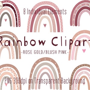 Arte de clipe de arco-íris Boho | Ouro Rosa/Rosa Blush | Arco-íris fofo berçário clipart PNG | Chá de bebê para meninas | Dia dos Namorados | Clipart de casamento