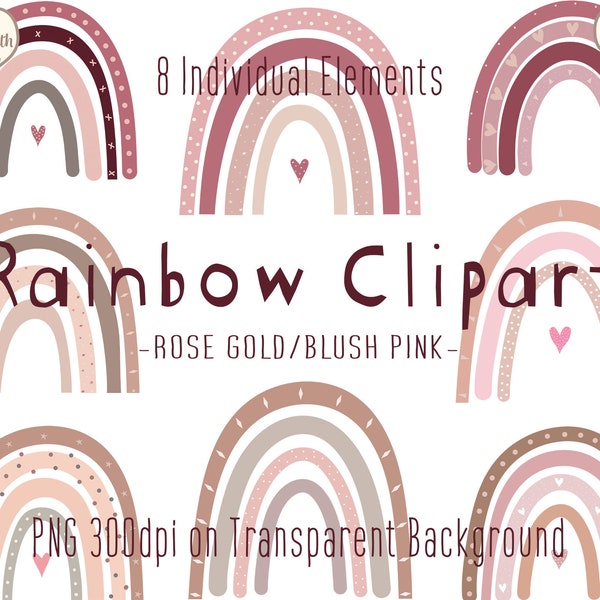 Boho Rainbow Clip Art | Rose Gold/Blush Pink | Cute Rainbows Nursery Clipart PNG | Girls Baby Shower | Valentine's Day | Wedding Clipart