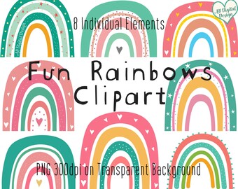Colorful Rainbow Clipart | Bright Colors | Cute Children's Clipart | Boho Rainbows | Nursery Clipart | PNG Digital File