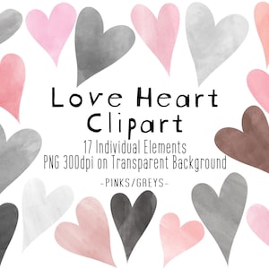 Pink & Grey Hearts Clip Art | Valentines Watercolor Love Hearts | Boho Heart Clipart | Valentines Cute Hearts Clipart | PNG Digital File