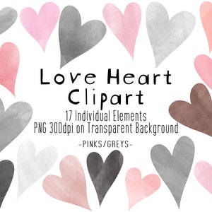 Pink & Grey Hearts Clip Art | Valentines Watercolor Love Hearts | Boho Heart Clipart | Valentines Cute Hearts Clipart | PNG Digital File