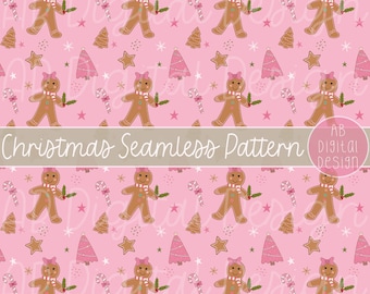 Pink Christmas Digital Paper | Gingerbread Girls Seamless Pattern | Kids Christmas Printable Paper | JPEG Files