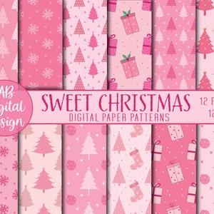 Pink Christmas Digital Paper | Seamless Patterns | Cute Christmas Printable Paper | Pink Christmas Trees Background | JPEG Files