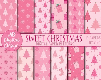 Pink Christmas Digital Paper | Seamless Patterns | Cute Christmas Printable Paper | Pink Christmas Trees Background | JPEG Files