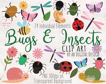 Cute Bugs & Insects Kids Clipart | Butterfly, Spiders, Snails, Dragonfly Illustrations for Spring | PNG Files Only