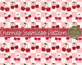 Cute Cherries Seamless Pattern on a Checkerboard Background | Checkered Cherry Digital Paper | Summer Fruit Pattern | JPEG File