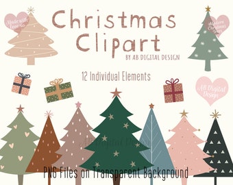 Christmas Tree Clipart | Modern Christmas Trees & Gifts Clipart | Festive Season | Boho Christmas | PNG Files