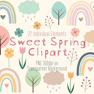 Spring Clipart | Cute Pastel Rainbows Flowers & Trees | Spring Baby Shower | Baby Nursery | Mothers Day Garden Clipart | PNG File