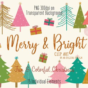 Clipart arbre de Noël | Clipart de Noël moderne lumineux et coloré | Temps des Fêtes | Fichiers PNG