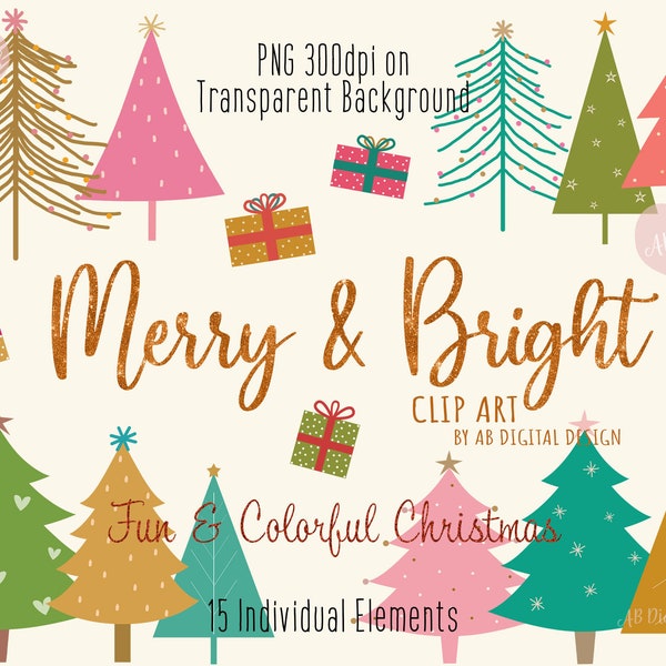 Christmas Tree Clipart | Bright & Colorful Modern Christmas Clipart | Festive Season | PNG Files