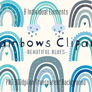 Blue Rainbows Clipart | Boho Nursery Clip Art | Cute Children's Clipart | Baby Boys Blue Clipart | PNG File