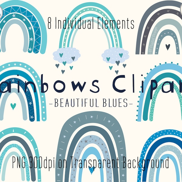 Blue Rainbows Clipart | Boho Nursery Clip Art | Cute Children's Clipart | Baby Boys Blue Clipart | PNG File