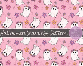 Cute Halloween Ghosts Digital Paper | Pink Retro Floral Halloween Seamless Pattern | JPEG File