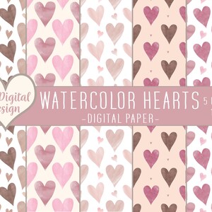 Watercolor Hearts Digital Paper | Valentines Boho Hearts | Rose Gold Pink & Brown Wedding Romantic Digital Paper | JPEG Files