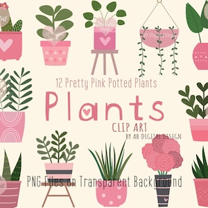 Clipart de plantas de casa rosa | Plantas em vasos de interior | Suculentas de cactos com flores pastel fofas | Dia das Mães | Primavera | Arquivos PNG