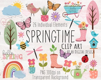 Cute Spring Clipart | Butterflies Flowers Birds & Trees | Spring Garden Clipart | Potted Plants | Butterfly Dragonfly Clipart | PNG Files