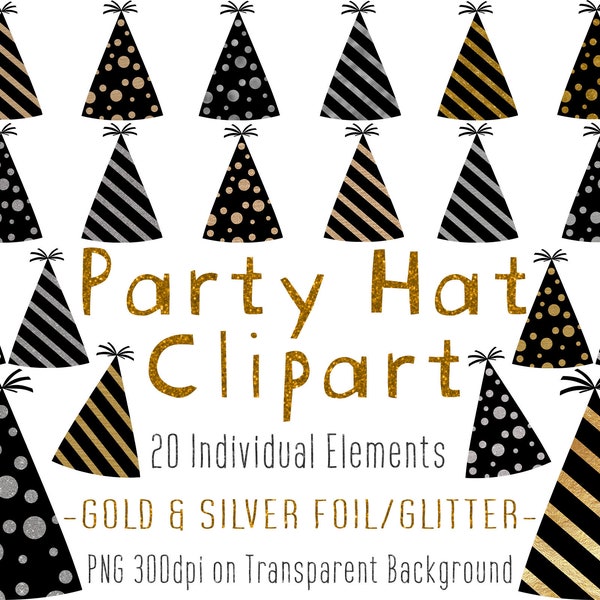 Black Party Hat Clip Art | Gold + Silver | Spots & Stripes | Party Clipart | Children's Birthday Clipart | PNG Digital File