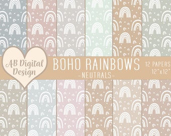 Boho Rainbow Digital Paper | Neutral Brown Grey Blue Pink | Baby Scrapbooking | Nordic Scandi Boho Nursery | Modern Rainbows | JPEG Files