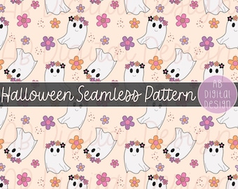 Cute Halloween Ghosts Digital Paper | Retro Floral Halloween Seamless Pattern | JPEG File