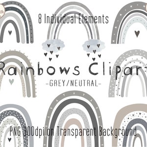 Boho Rainbow Clip Art | Grey/Neutral | Modern Boho Rainbows | Cute Children's Bedroom & Nursery Clipart | Scandi Clipart | PNG Digital File