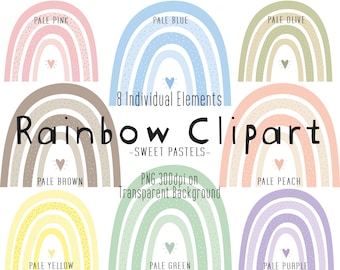 Regenbogen-ClipArt | Süße Pastell Regenbogen Clipart | Kinder süße Clipart | Boho Regenbogen | Scandi Kindergarten Clipart | PNG-Dateien