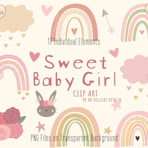 Baby Girl Nursery Clipart | Pink Boho Rainbows, Clouds, Hearts & Stars | Cute Baby Shower Graphics | PNG Files