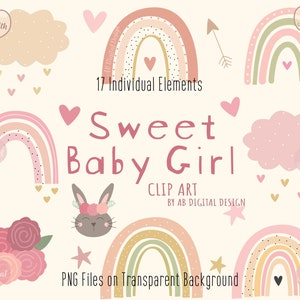 Baby Girl Nursery Clipart / Pink Boho Rainbows, Clouds, Hearts & Stars / Cute Baby Shower Graphics / PNG Files