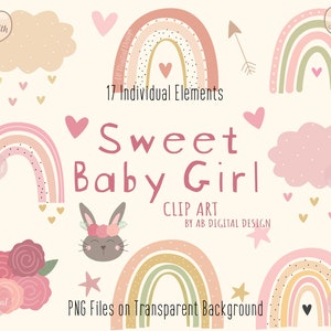 Baby Girl Nursery Clipart | Pink Boho Rainbows, Clouds, Hearts & Stars | Cute Baby Shower Graphics | PNG Files