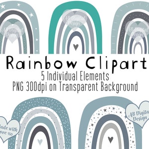 Blue Rainbow Clip Art | Children's Cute Clipart | Boho Rainbows | Scandi Clip Art | Boys Nursery Clipart | Baby Boy Clipart | PNG File